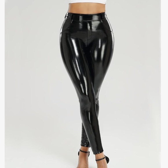 Patent leather vegan vinyl high waisted pants leggings stretch shiny glossy goth - Picture 5 of 5